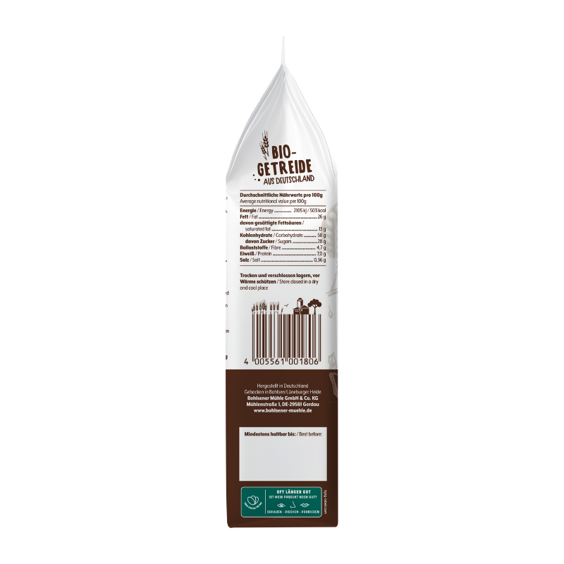 Die Seitenansicht einer Bohlsener Mühle Bio-Getreide Packung mit Nährwerttabelle und Strichcode auf weißem Grund.