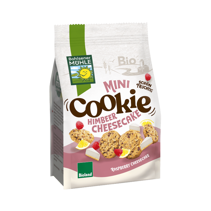 Verpackung von Bohlsener Mühle Mini Cookie Himbeer Cheesecake mit Cookies und Himbeeren.