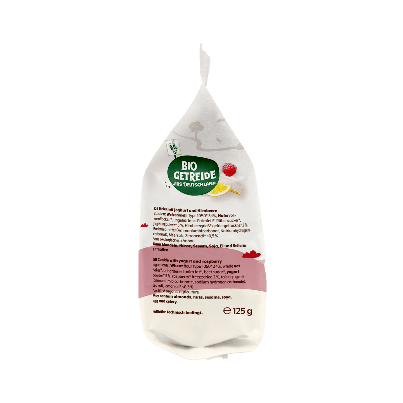 Bohlsener Mühle Bio Getreide Kekse mit Joghurt und Himbeere in Verpackung.
