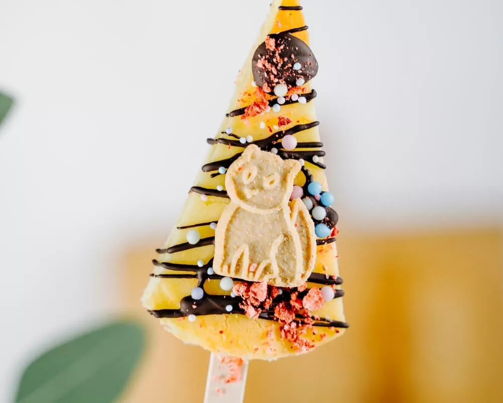 Ein festliches, dreieckiges Dessert am Stiel, dekoriert mit Schokoladenstreuseln, bunten Streuseln und einem Keks in Katzenform. Bohlsener Mühle.