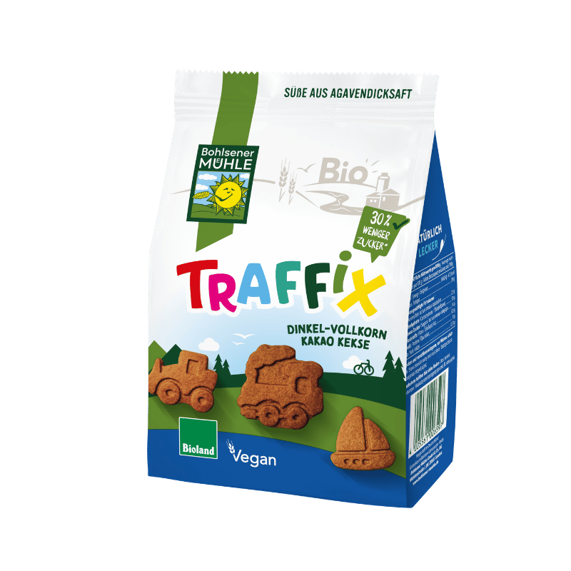 Bohlsener Mühle Traffix Dinkel-Vollkorn Kakao Kekse in Form von Fahrzeugen und Booten.