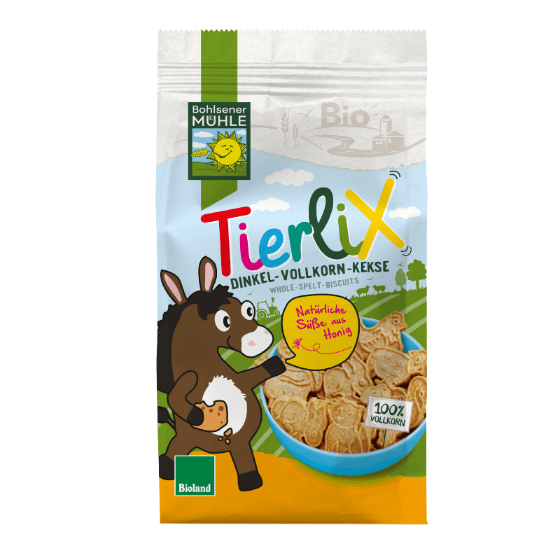 Bohlsener Mühle Tierlix Dinkel-Vollkorn-Kekse in einer Schüssel mit Tiermotiven.
