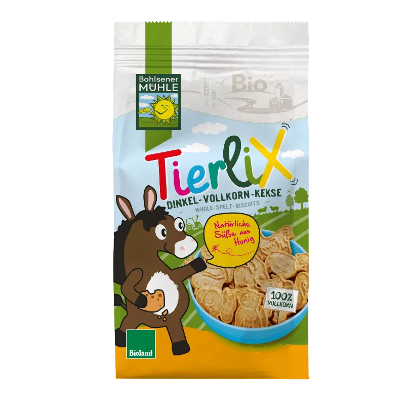 Bohlsener Mühle Tierlix Dinkel-Vollkorn-Kekse in einer Schüssel mit Tiermotiven.