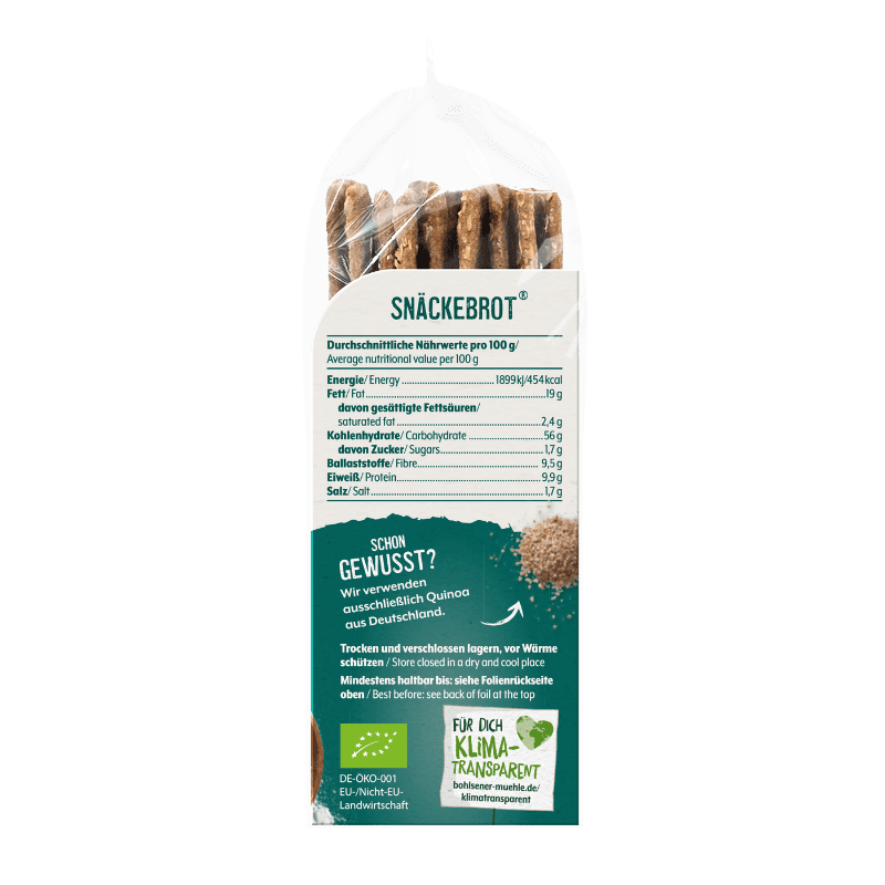 Rückseite der Bohlsener Mühle Snäckebrot Packung mit Nährwerttabelle und Informationen zu Quinoa aus Deutschland.