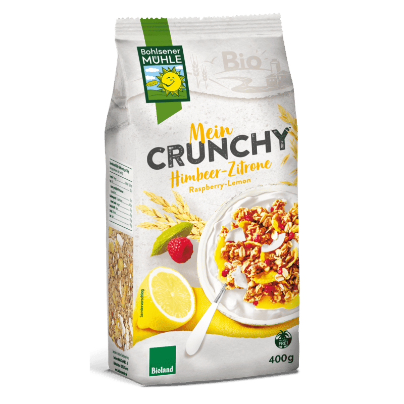 Bohlsener Mühle Mein Crunchy Himbeer-Zitrone in einer Verpackung mit Müsli und Früchten.