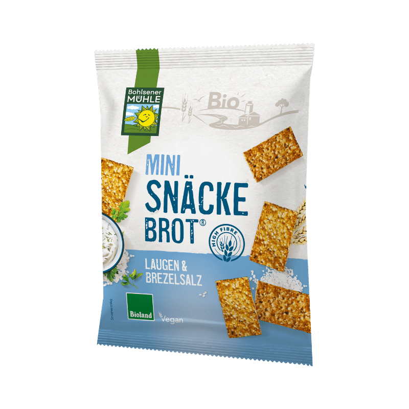 Bohlsener Mühle Mini Snäcke Brot mit Laugen und Brezelsalz in der Verpackung.