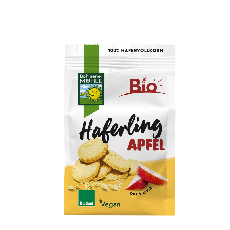 Bohlsener Mühle Haferling Apfel Cookie Packung mit Haferkeksen und Apfelstücken auf weißem Hintergrund.