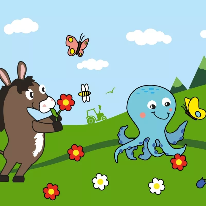 Bohlsener Mühle: Ein Esel, ein Oktopus und ein Zug in einer bunten Landschaft mit Blumen und Bienen.