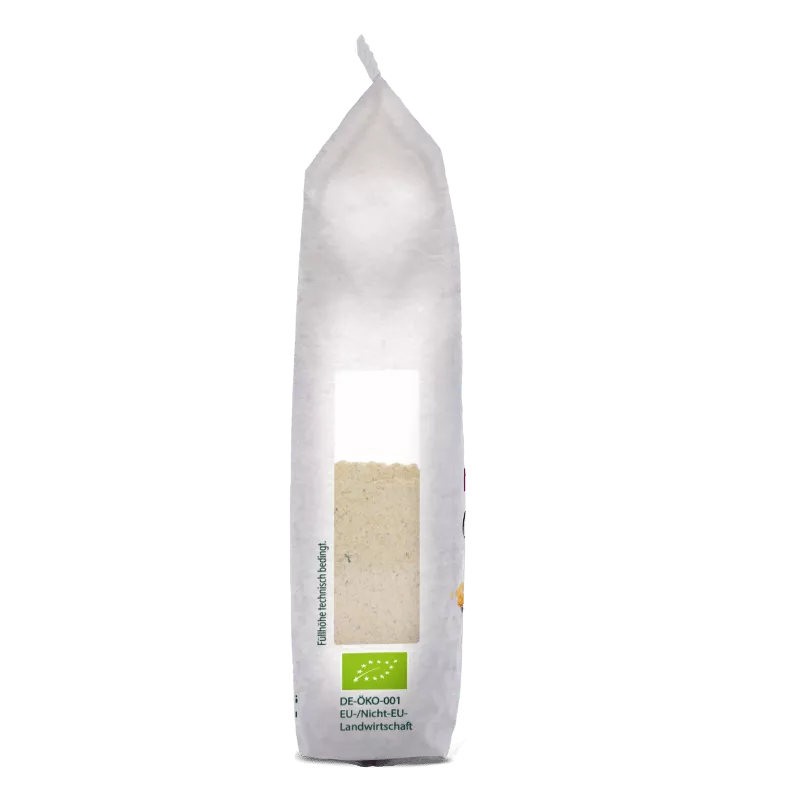 Eine Produktverpackung der Bohlsener Mühle, die ihr Engagement für biologische und regionale Landwirtschaft unterstreicht. Umweltfreundliche Praktiken werden gefördert.