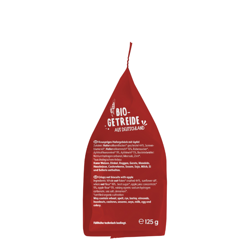 Rote Verpackung der Bohlsener Mühle mit Zutaten für das knusprige Hafergebäck mit Apfel auf einem weißen Hintergrund.