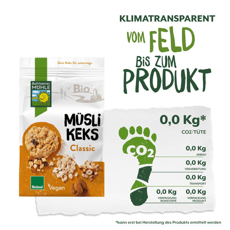 Bohlsener Mühle Müsli Keks Classic in Verpackung mit Haferflocken und Mandeln.
