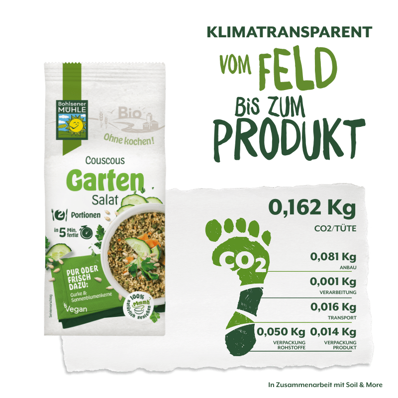 Bohlsener Mühle Couscous Garten Salat Verpackung. Die Verpackung hebt den geringen CO2-Ausstoß bei der Produktion für Klimatransparenz hervor.