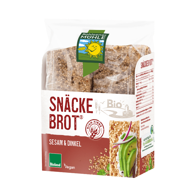 Eine Packung Bohlsener Mühle Knäckebrot Sesam & Dinkel mit einer Abbildung von belegtem Knäckebrot auf der Vorderseite.