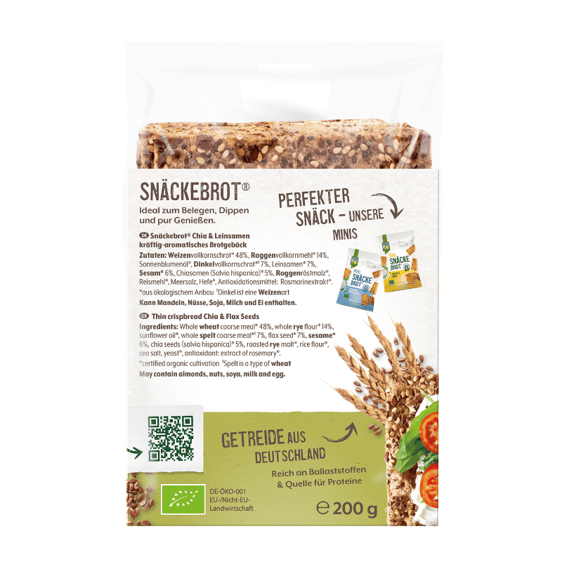 Rückseite der Bohlsener Mühle Snäckebrot Chia & Leinsamen Packung mit Zutatenliste und Abbildung der Minis.