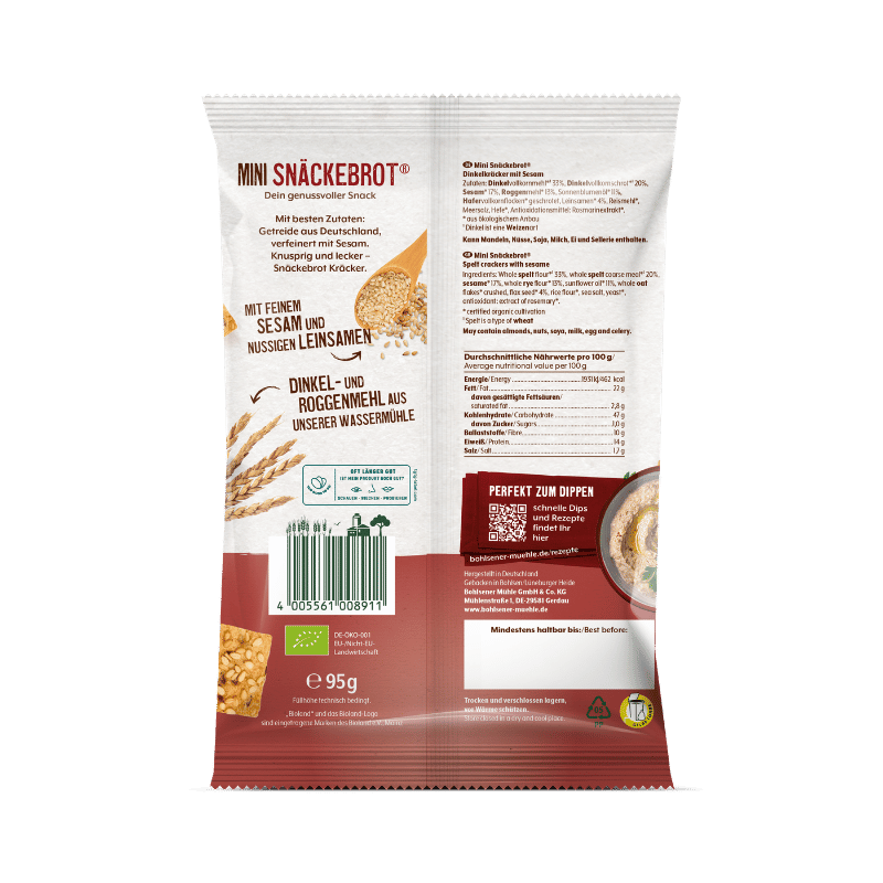 Bohlsener Mühle Mini-Snäckebrot mit Sesam und Leinsamen in der Verpackung.