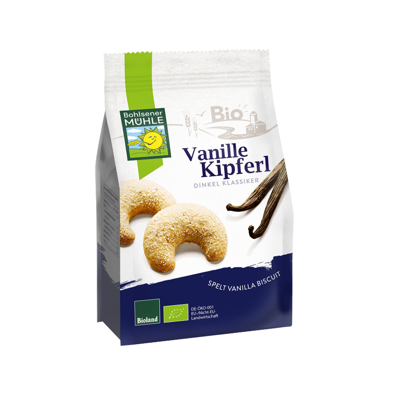 Bohlsener Mühle Vanille Kipferl Dinkel Cookie Packung mit zwei Vanilleschoten auf weißem Hintergrund abgebildet.