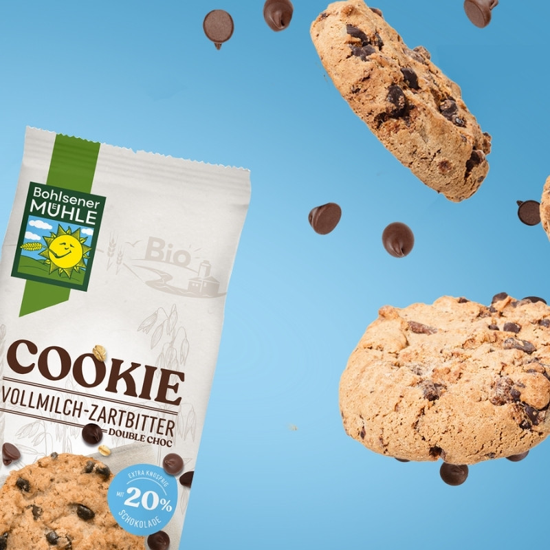 Bohlsener Mühle Cookie Vollmilch-Zartbitter Double Choc mit Schokoladenstückchen.