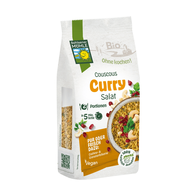 Bohlsener Mühle Couscous Curry Salat in einer Verpackung mit Zutaten.