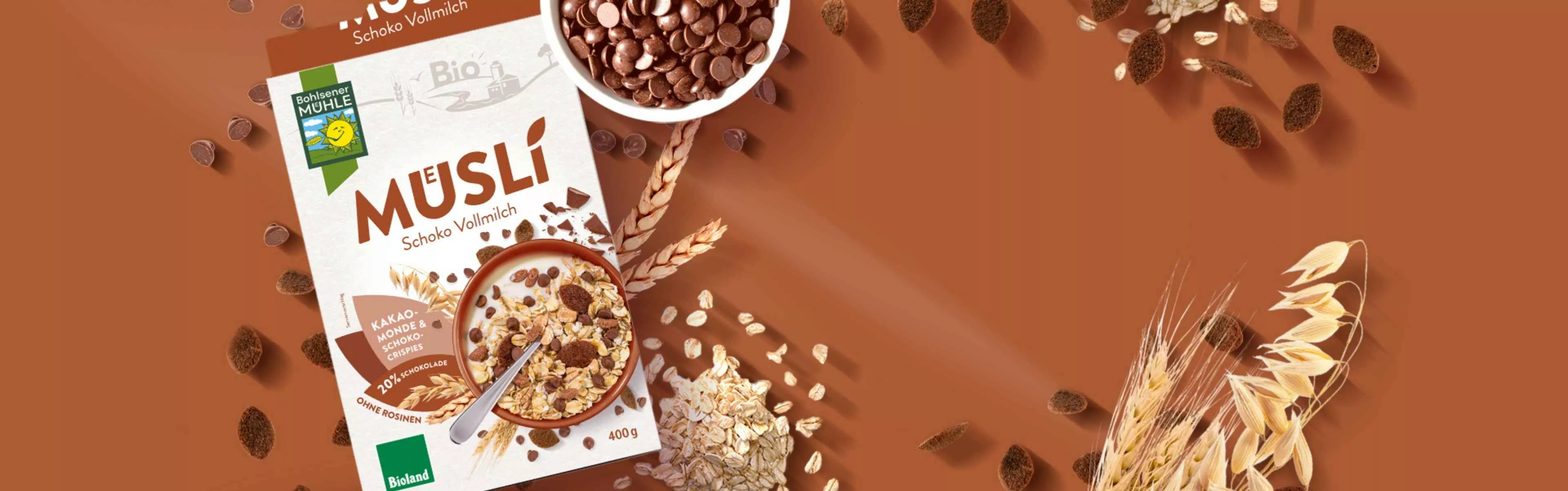 Bohlsener Mühle Schoko Vollmilch Müsli mit Schokoladenstückchen und Haferflocken.