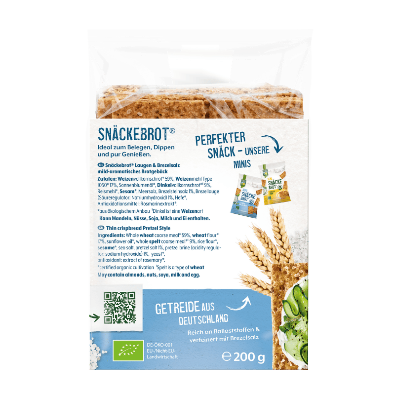 Die Packung Bohlsener Mühle Snäckebrot Laugen zeigt knuspriges Brot mit Gurkenscheiben und Getreideähren abgebildet.