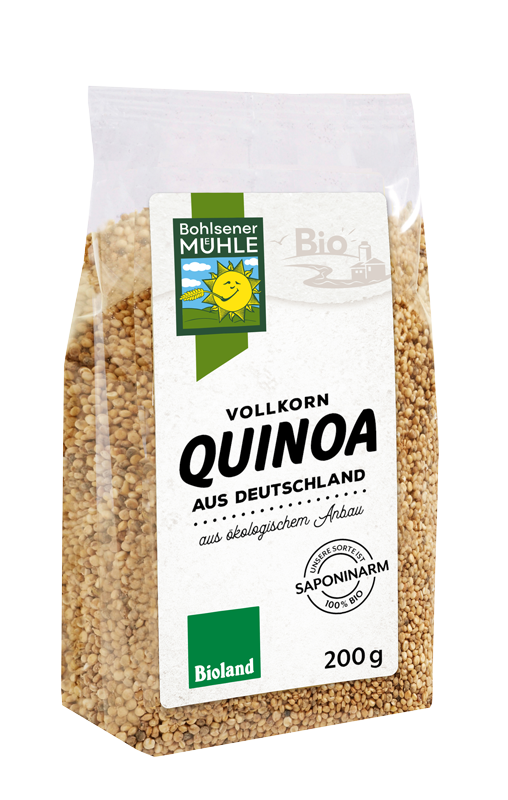 Bohlsener Mühle Vollkorn Quinoa in einer transparenten Verpackung, 200 g.