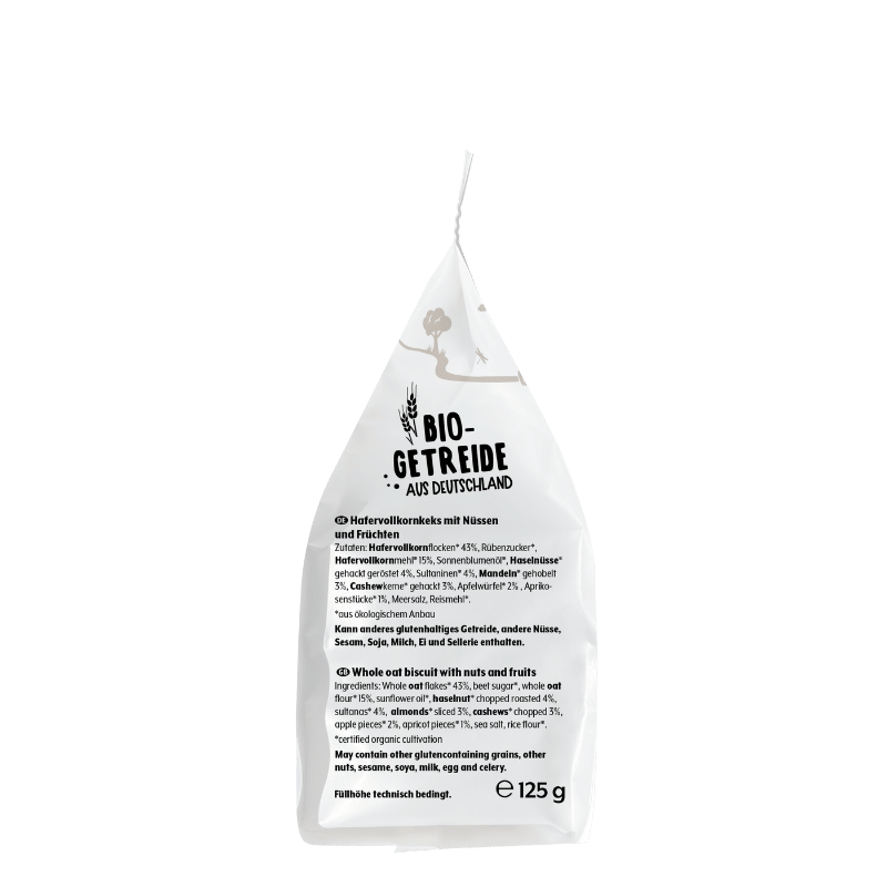 Bohlsener Mühle Bio-Vollkorn-Haferkeks mit Nüssen und Früchten, 125g-Packung. Auflistung der Inhaltsstoffe mit Schwerpunkt auf natürlichen und biologischen Bestandteilen.