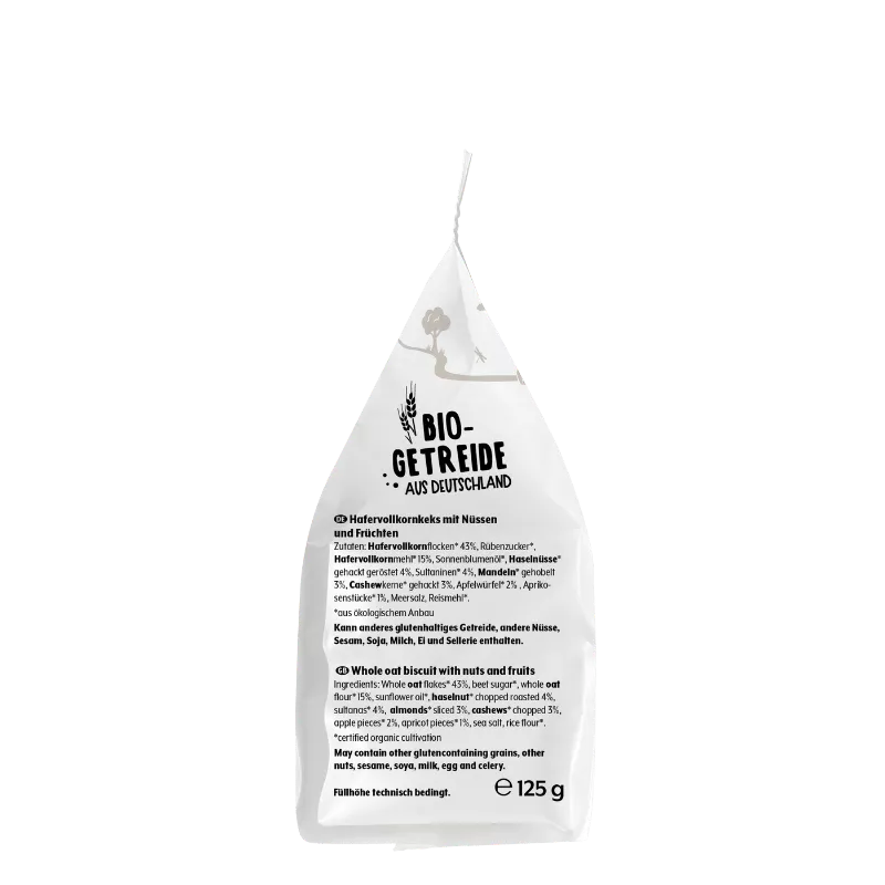 Bohlsener Mühle Bio-Vollkorn-Haferkeks mit Nüssen und Früchten, 125g-Packung. Auflistung der Inhaltsstoffe mit Schwerpunkt auf natürlichen und biologischen Bestandteilen.