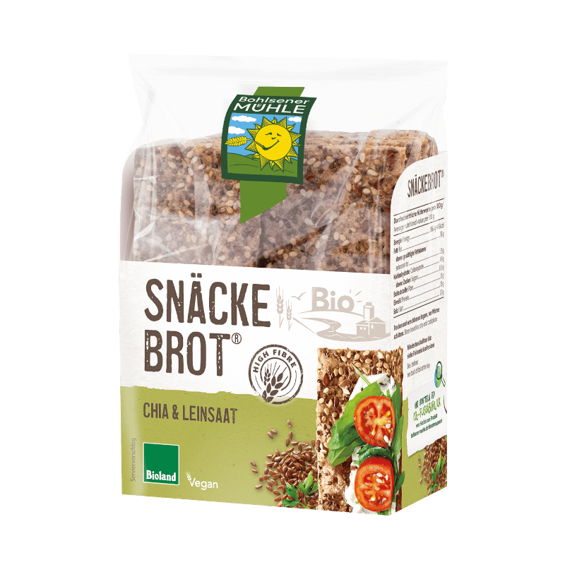 Eine Packung Bohlsener Mühle Snäckebrot Chia & Leinsaat mit sichtbaren Körnern und belegtem Knäckebrot auf der Vorderseite.