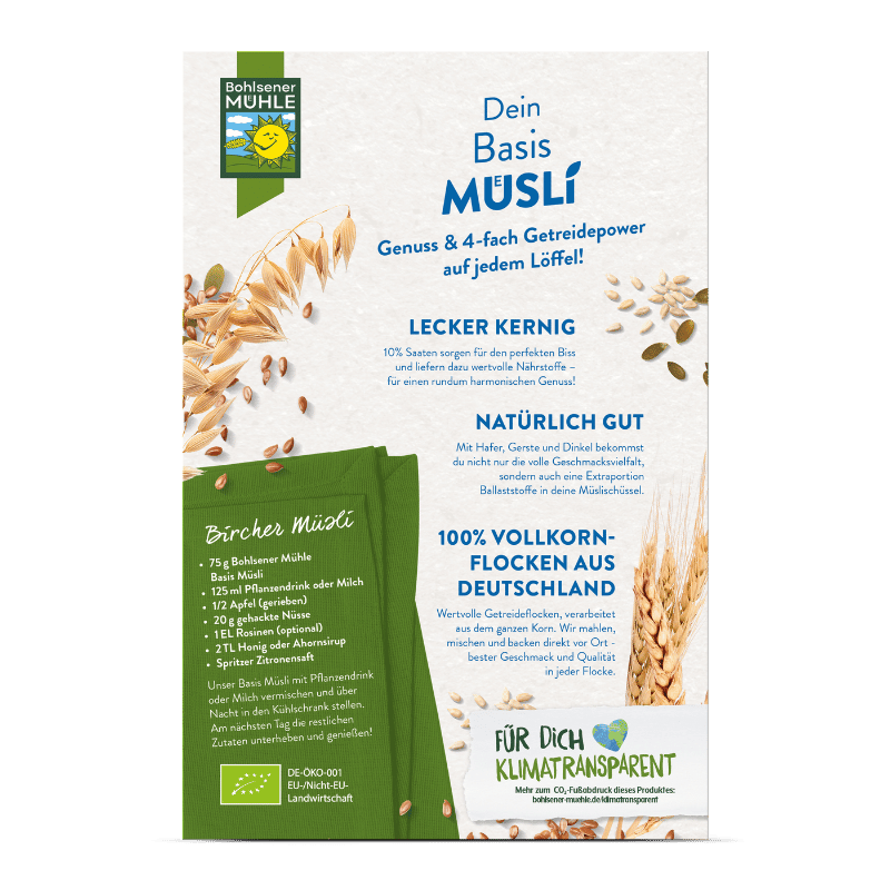 Bohlsener Mühle Basis Müsli mit verschiedenen Getreideflocken und Saaten.