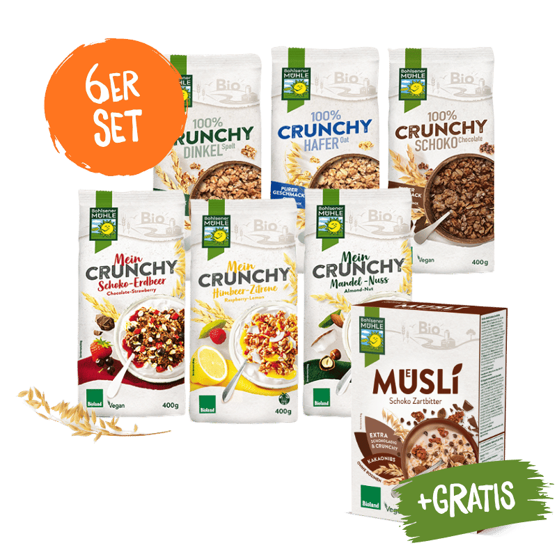 Bohlsener Mühle 6er Set mit verschiedenen Crunchy Sorten und gratis Müslipackung.