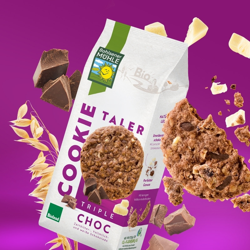 Bohlsener Mühle Cookie Taler Triple Choc mit Schokoladenstückchen und Haferflocken.