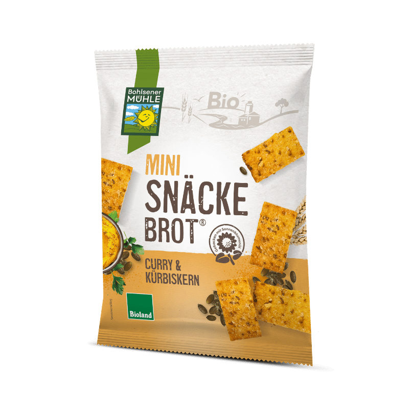 Bohlsener Mühle Mini Snäcke Brot mit Curry und Kürbiskernen in der Verpackung.