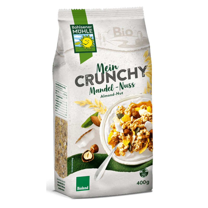 Bohlsener Mühle Mein Crunchy Mandel-Nuss in einer Schüssel mit Nüssen und Trockenfrüchten.