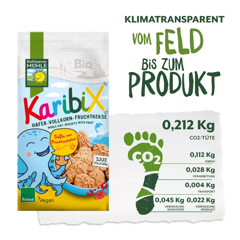 Bohlsener Mühle Karibix Hafer-Vollkorn-Fruchtkekse mit bunten Figuren.