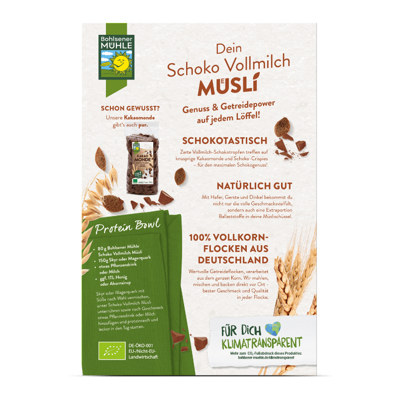 Bohlsener Mühle Schoko Vollmilch Müsli mit Schokoladentropfen und Haferflocken.