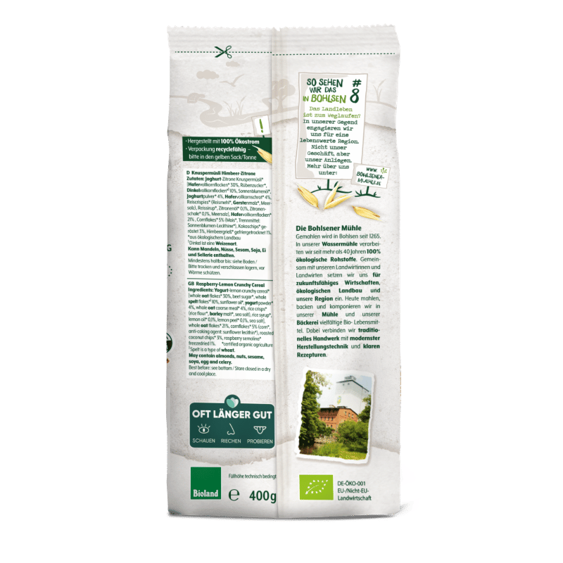 Rückseite der Bohlsener Mühle Rügenwalder Crunchy Cereals Verpackung mit Nährwertangaben.