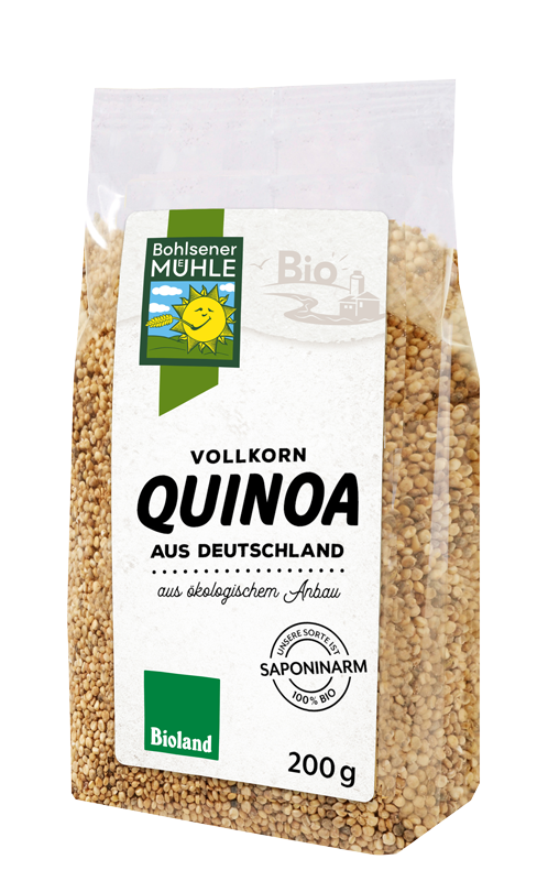 Bohlsener Mühle Vollkorn Quinoa aus Deutschland in einer transparenten Verpackung.