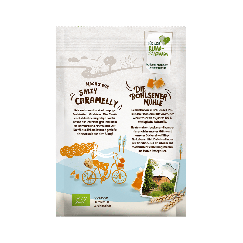 Verpackung der Bohlsener Mühle Mini Cookies mit salzigem Karamellgeschmack.
