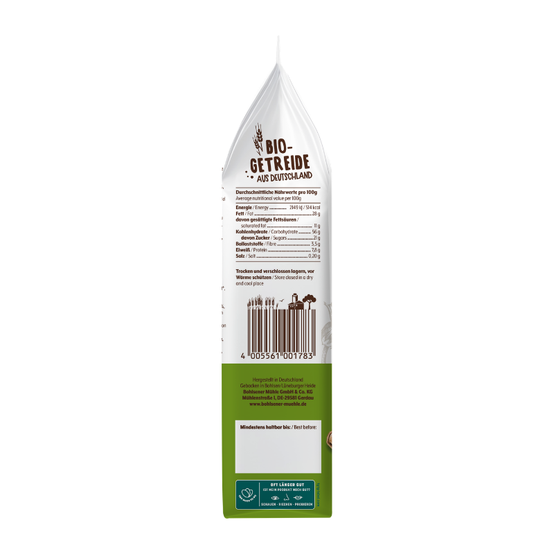 Die Seitenansicht der Bohlsener Mühle Cookie Crunchy Packung zeigt Nährwerttabelle, Barcode und Herstellerangaben.