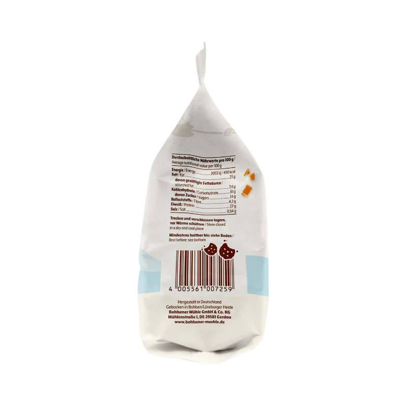 Rückansicht der Bohlsener Mühle Cookie Verpackung mit Nährwertangaben.