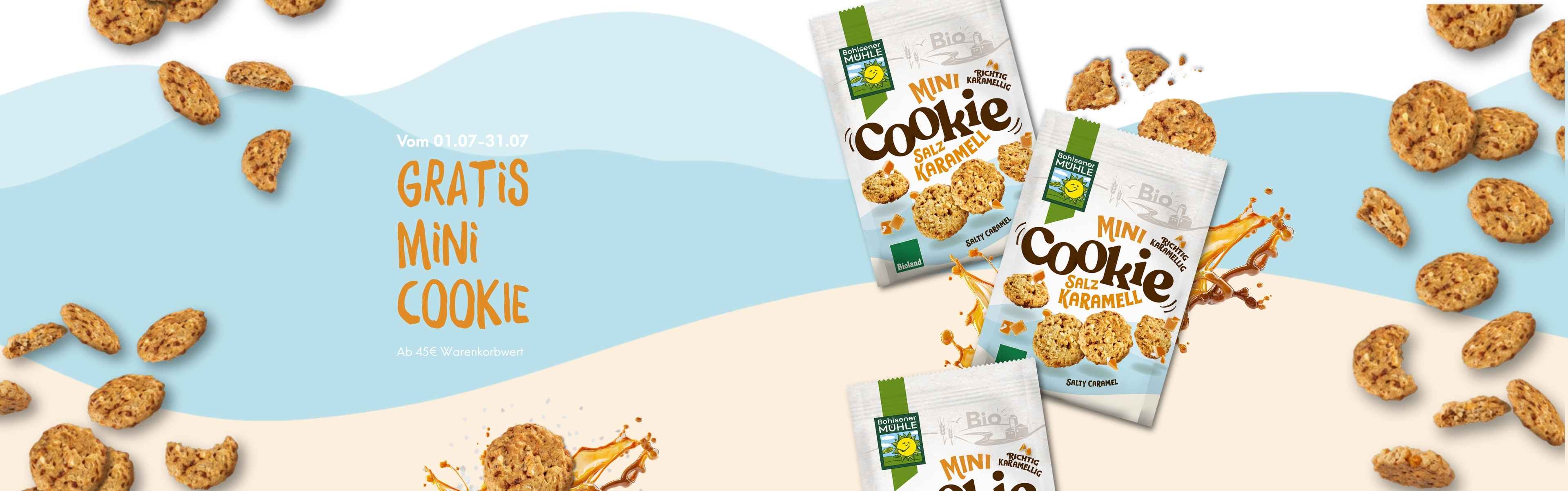 Bohlsener Mühle Mini Cookie mit Salzkaramell auf hellem Hintergrund.