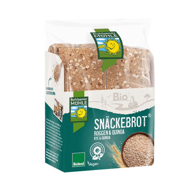 Die Packung Bohlsener Mühle Snäckebrot Roggen & Quinoa mit sichtbaren, knusprigen Getreidescheiben im Kunststoffbeutel.