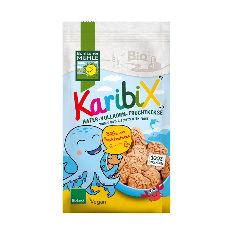 Bohlsener Mühle KaribiX Hafer-Vollkorn-Fruchtkekse mit buntem Oktopus-Design.