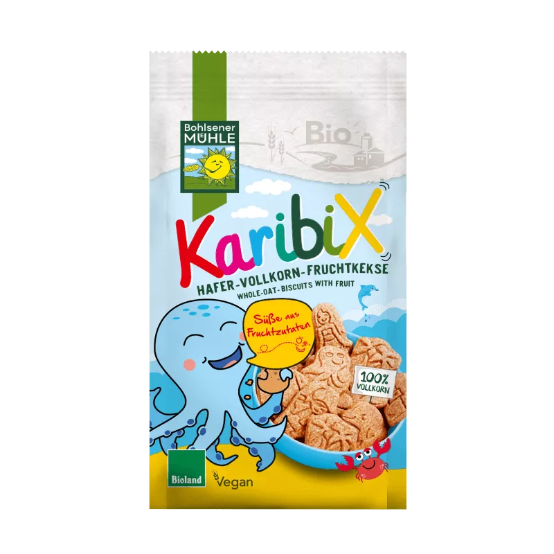 Bohlsener Mühle KaribiX Hafer-Vollkorn-Fruchtkekse mit buntem Oktopus-Design.