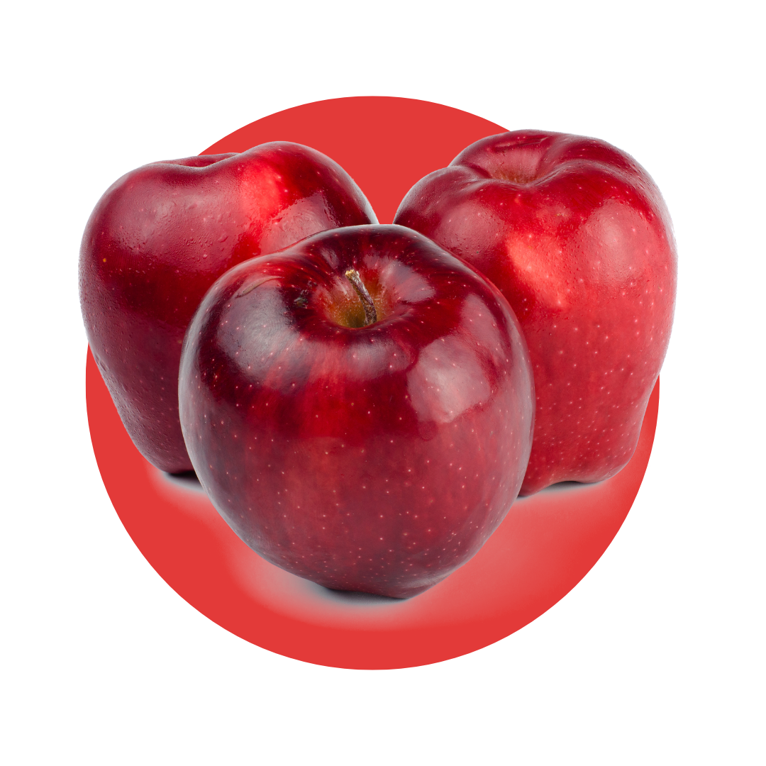 Drei rote Äpfel auf rotem Hintergrund, Bohlsener Mühle Produkt.